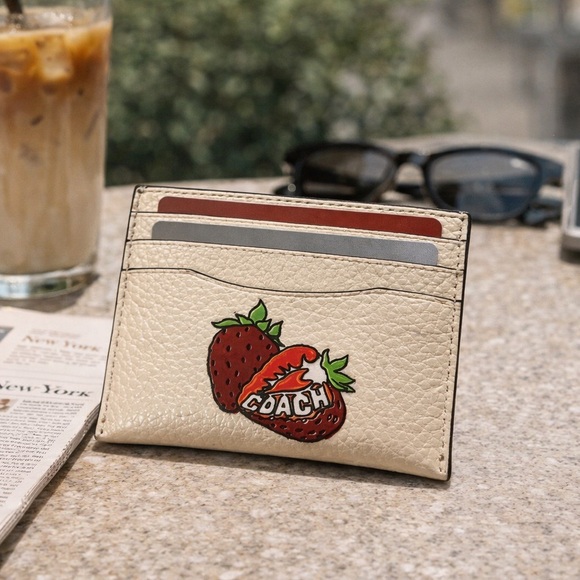 Coach Cream Leather Strawberry Card Case with Red Accent - Picture 2 of 6